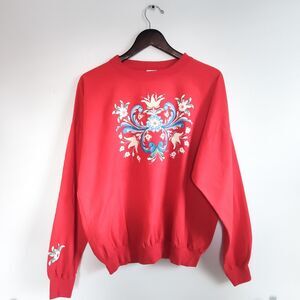Vintage‎ T-Shirt USA 90s Large Flower Floral Design Gerda Art Long Sleeve Red